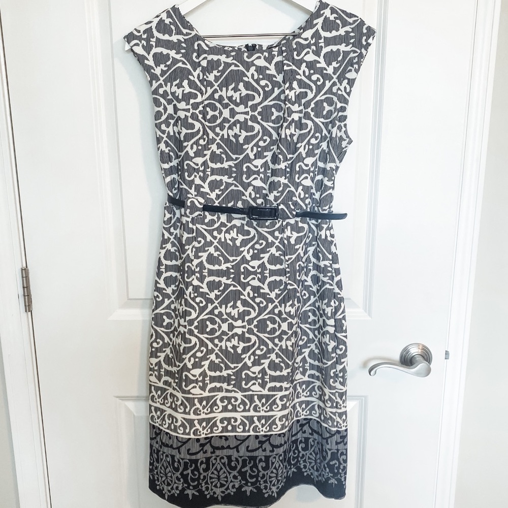 Navy and White belted pencil dress